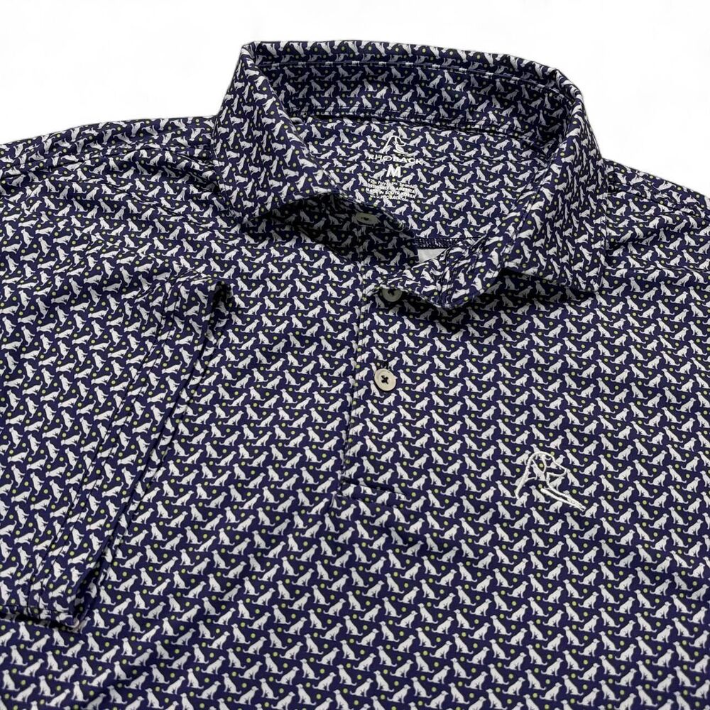 Rhoback The Sit Performance Golf Polo Men's M Navy White Dog Tennis Ball Pattern